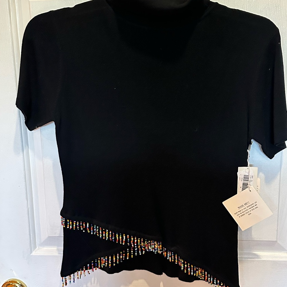 NWT Joseph A. Black Short Sleeve Turtleneck Top with Multicolored Bead hem Trim